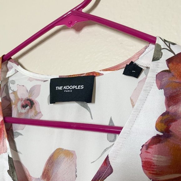 The Kooples Printed Ecru Top 1 Small Floral Motif Peplum Gathered Puff Sleeves - Picture 4 of 7